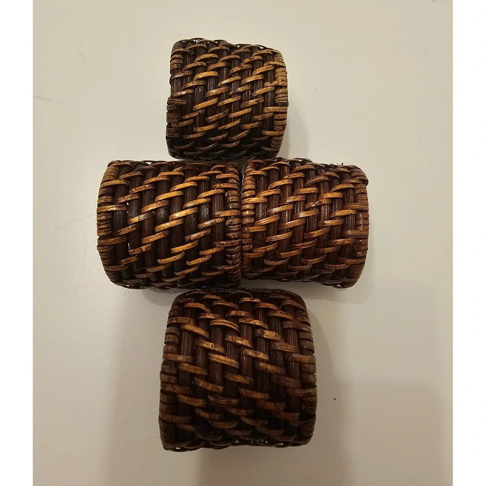 Set of 4 Dark Brown Woven Rattan Napkin Rings Rustic Basketweave Boho Table